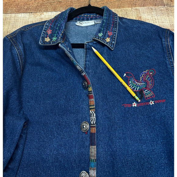 S Collection Jacket Womens Large Blue Denim Southwestern Embroidered Boho Y2K - Picture 2 of 12